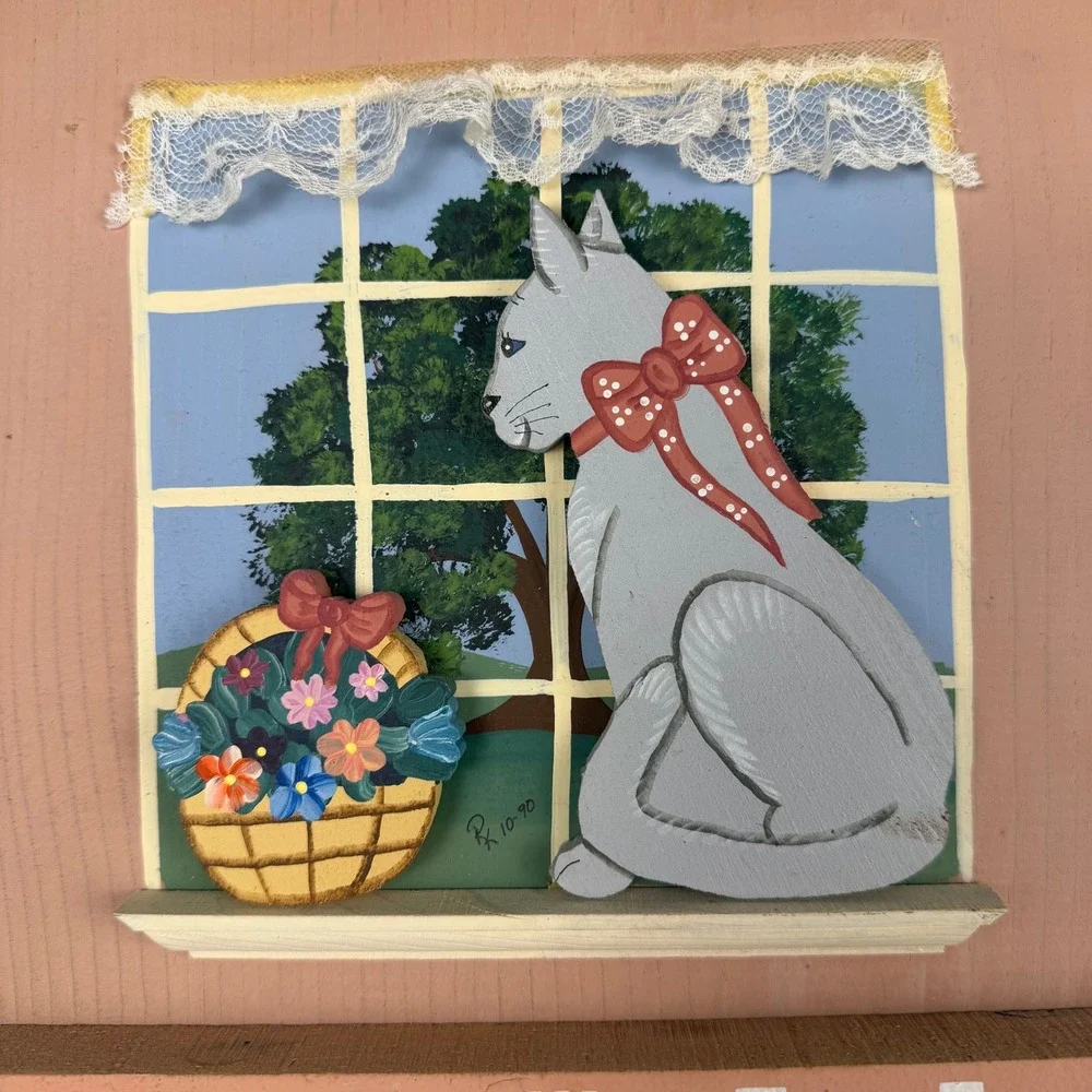 Vintage Wooden Perpetual Calendar Wall Hanging Pink Cat Window Folk Art 23in